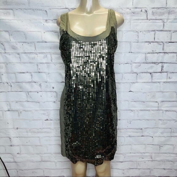 French Connection UK Style Sleeveless Sequin Mini Dress, Green & Gold - Picture 1 of 11